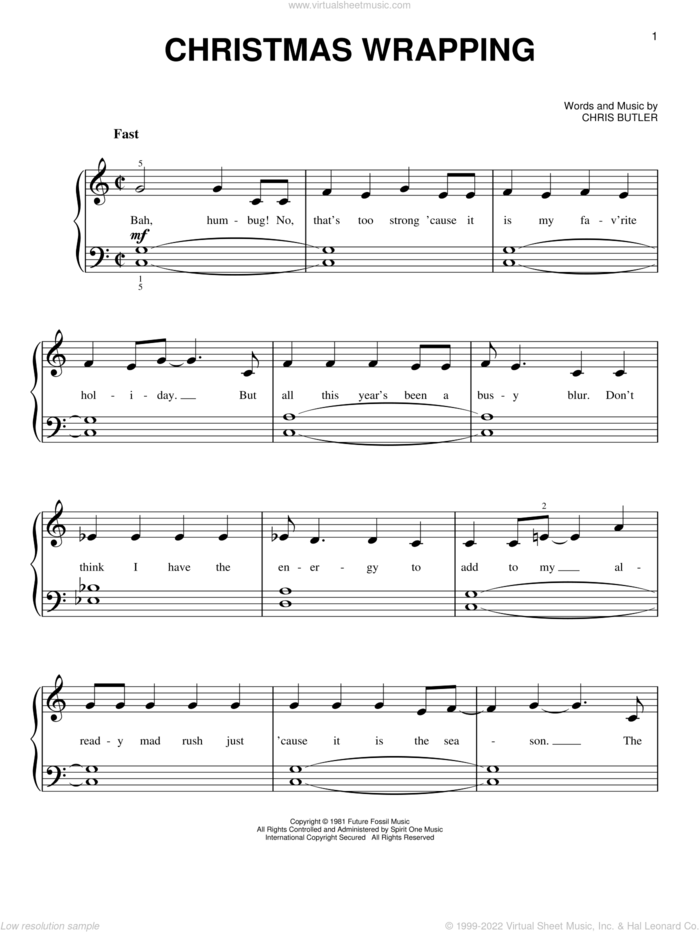 Christmas Wrapping sheet music for piano solo by The Waitresses and Christopher Butler, beginner skill level