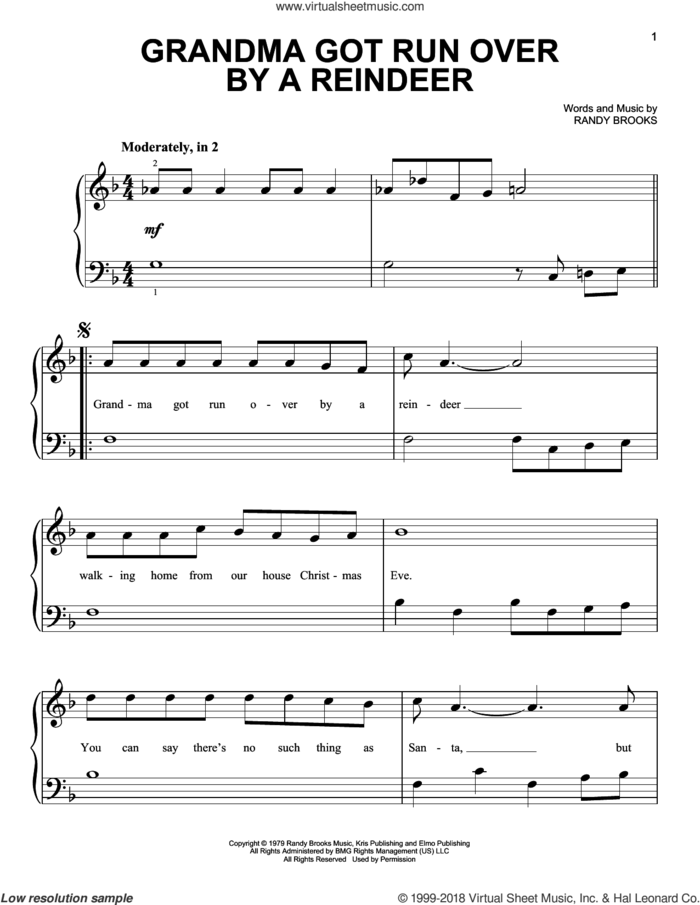 Grandma Got Run Over By A Reindeer, (beginner) sheet music for piano solo by Randy Brooks, beginner skill level