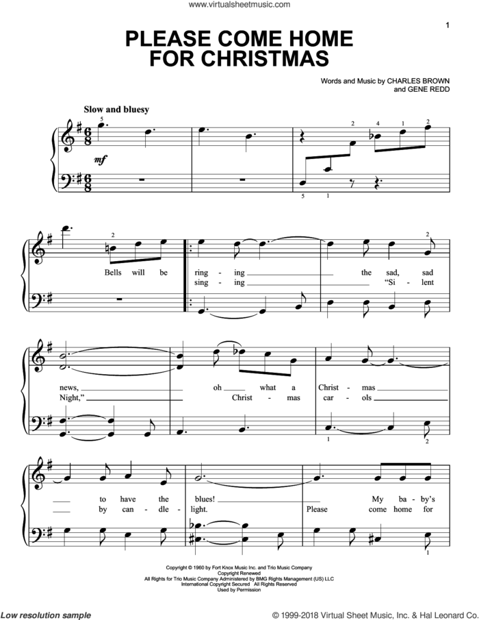 Please Come Home For Christmas, (beginner) sheet music for piano solo by Charles Brown, Josh Gracin, Martina McBride, Willie Nelson and Gene Redd, beginner skill level