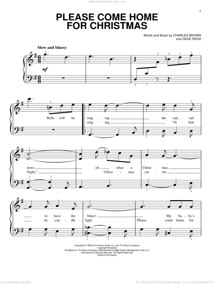 Please Come Home For Christmas, (beginner) sheet music for piano solo by Charles Brown, Josh Gracin, Martina McBride, Willie Nelson and Gene Redd, beginner skill level