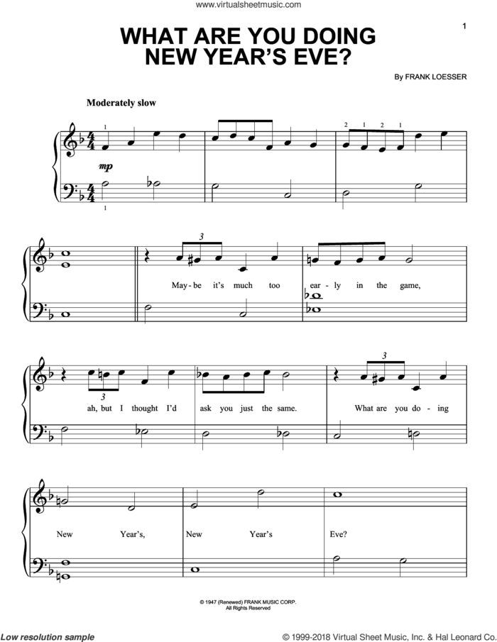 What Are You Doing New Year's Eve? sheet music for piano solo by Frank Loesser, beginner skill level