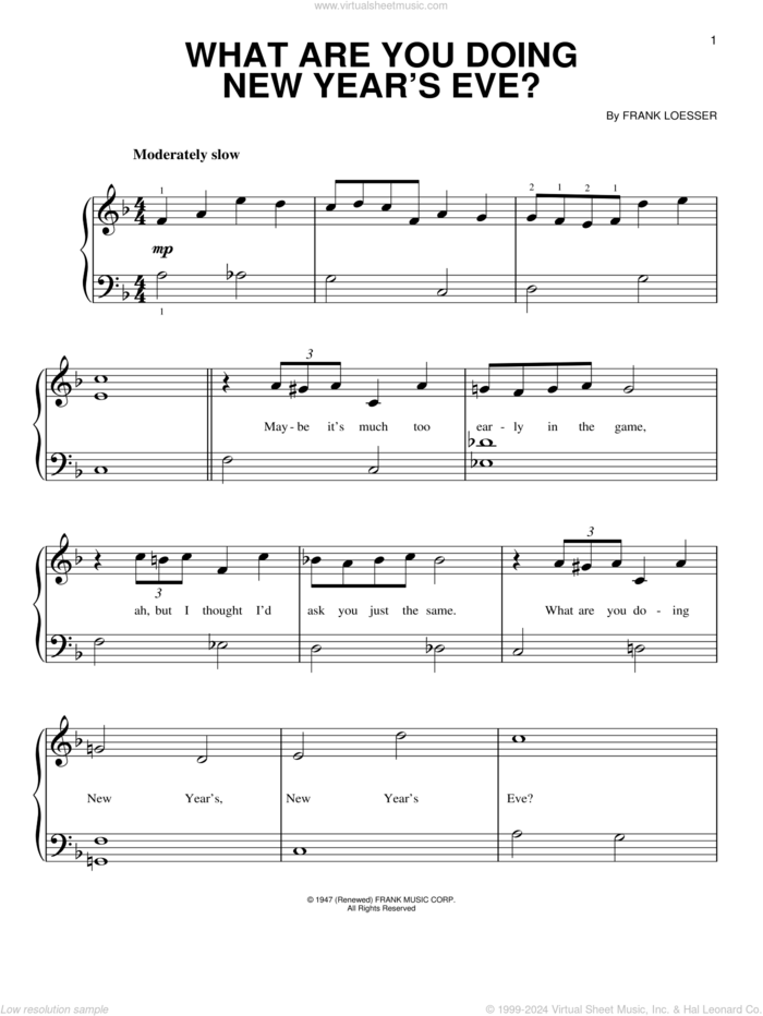 What Are You Doing New Year's Eve? sheet music for piano solo by Frank Loesser, beginner skill level