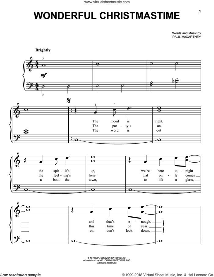 Wonderful Christmastime sheet music for piano solo by Paul McCartney, Eli Young Band and Straight No Chaser featuring Paul McCartney, beginner skill level