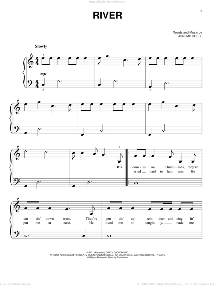 River, (beginner) sheet music for piano solo by Linda Ronstadt and Joni Mitchell, beginner skill level