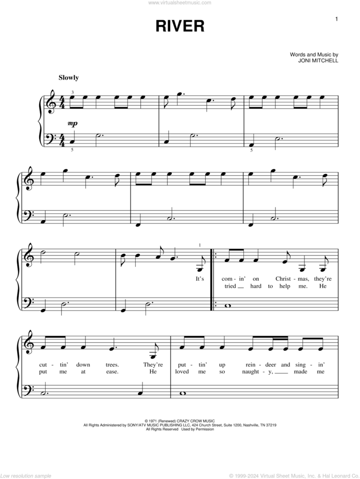 River sheet music for piano solo by Linda Ronstadt and Joni Mitchell, beginner skill level