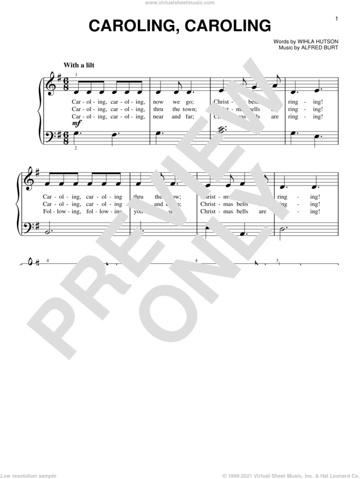 Caroling, Caroling sheet music for piano solo by Alfred Burt and Wihla Hutson, beginner skill level