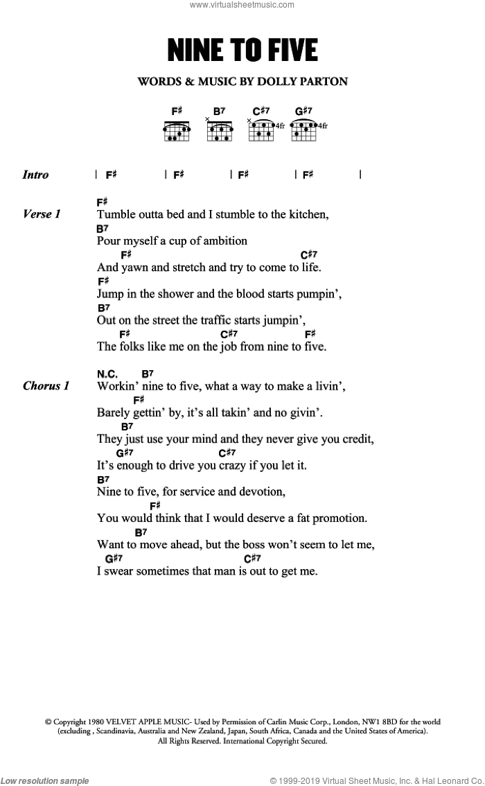 Nine To Five sheet music for guitar (chords) by Dolly Parton, intermediate skill level