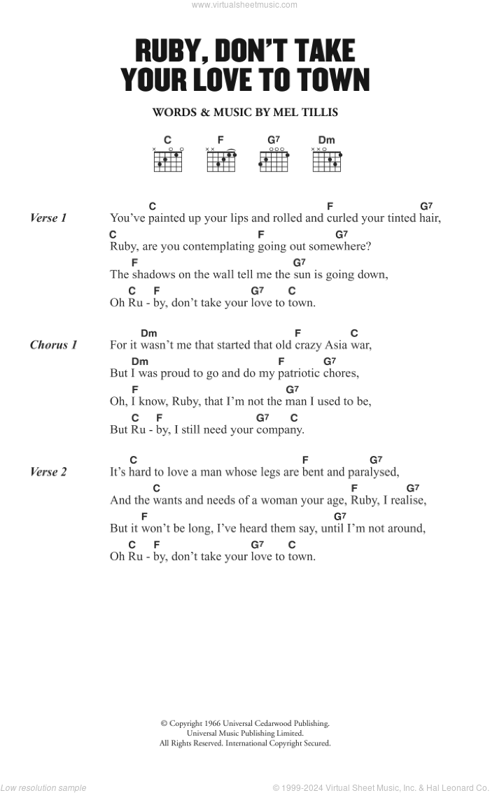 Ruby, Don't Take Your Love To Town sheet music for guitar (chords) by Kenny & The First Edition Rogers and Mel Tillis, intermediate skill level