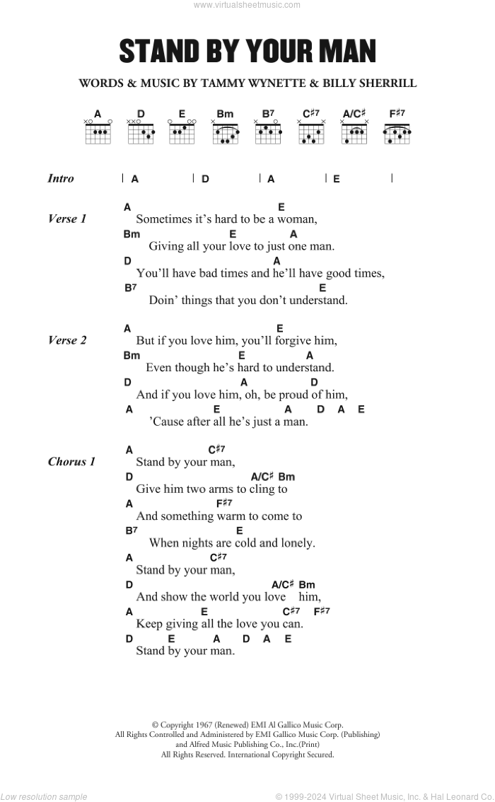 Stand By Your Man sheet music for guitar (chords) by Tammy Wynette and Billy Sherrill, intermediate skill level