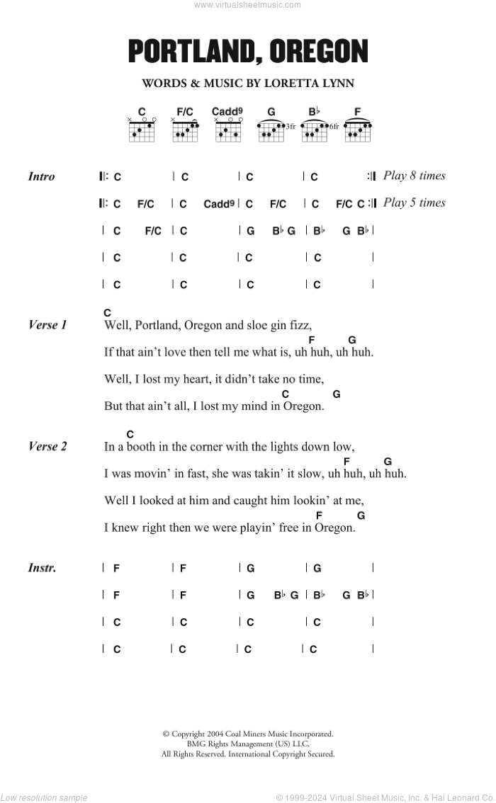 Portland, Oregon sheet music for guitar (chords) by Loretta Lynn, intermediate skill level