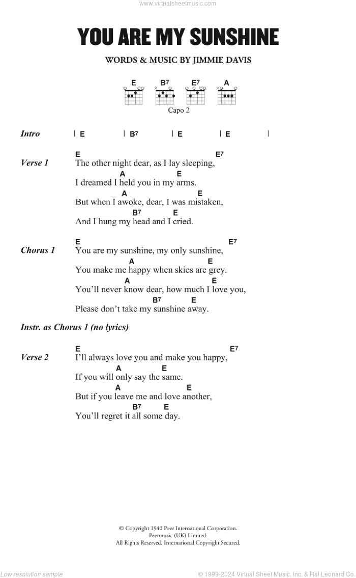 You Are My Sunshine sheet music for guitar (chords) by Norman Blake and Jimmie Davis, intermediate skill level