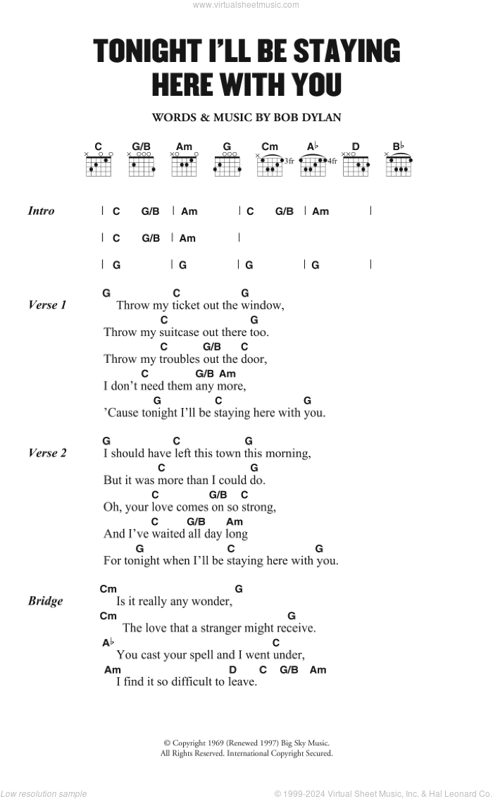 Tonight I'll Be Staying Here With You sheet music for guitar (chords) by Bob Dylan, intermediate skill level