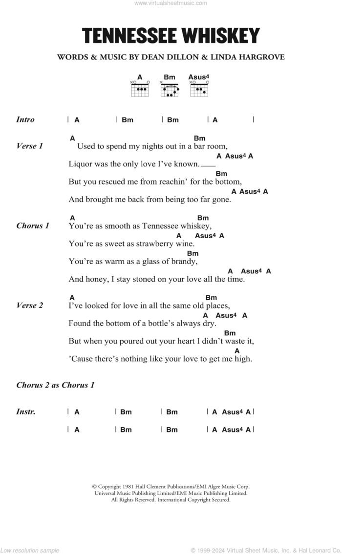 Tennessee Whiskey sheet music for guitar (chords) by Chris Stapleton, Dean Dillon and Linda Hargrove, intermediate skill level