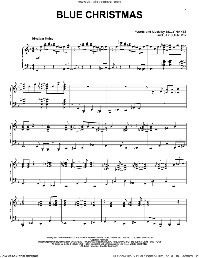 Blue Christmas [Jazz version] sheet music for piano solo by Elvis Presley, Billy Hayes and Jay Johnson, intermediate skill level