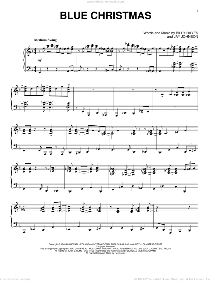 Blue Christmas [Jazz version] sheet music for piano solo by Elvis Presley, Billy Hayes and Jay Johnson, intermediate skill level