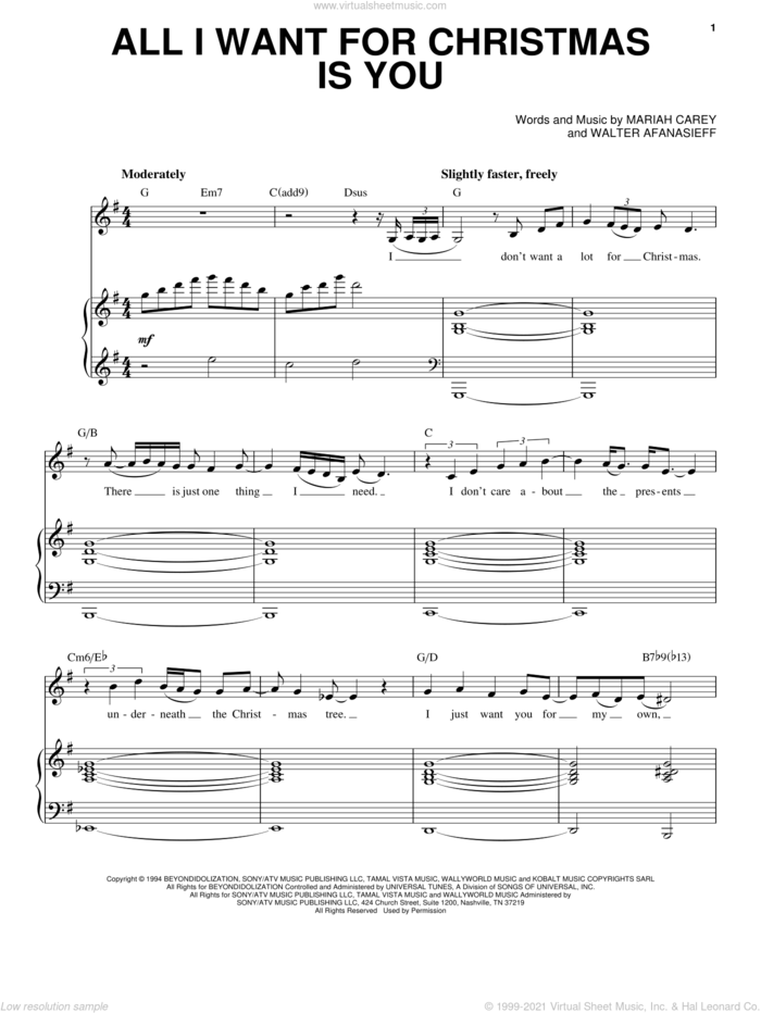 All I Want For Christmas Is You sheet music for voice and piano by Mariah Carey and Walter Afanasieff, intermediate skill level