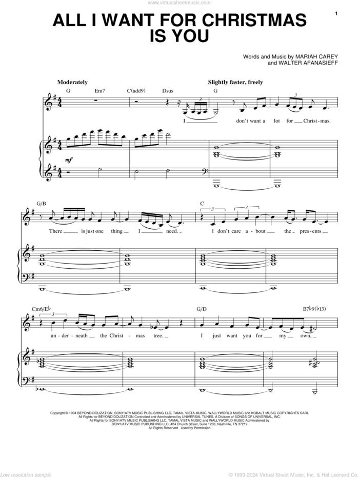 All I Want For Christmas Is You sheet music for voice and piano by Mariah Carey and Walter Afanasieff, intermediate skill level