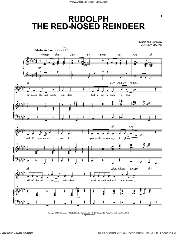Rudolph The Red-Nosed Reindeer sheet music for voice and piano by Johnny Marks, intermediate skill level