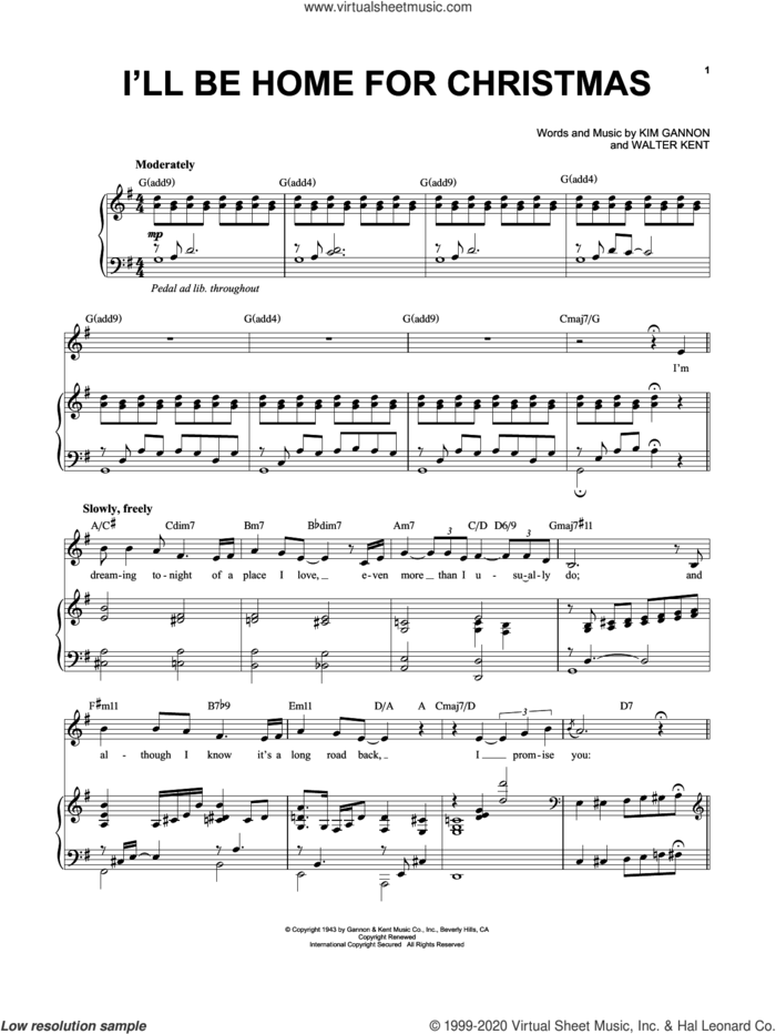 I'll Be Home For Christmas sheet music for voice and piano by Kim Gannon and Walter Kent, intermediate skill level