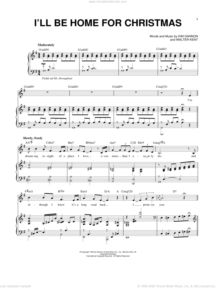 I'll Be Home For Christmas sheet music for voice and piano by Kim Gannon and Walter Kent, intermediate skill level