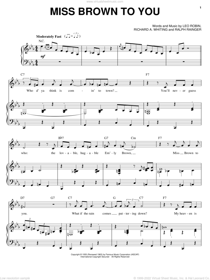 Miss Brown To You sheet music for voice, piano or guitar by Leo Robin, Billie Holiday, Ralph Rainger and Richard A. Whiting, intermediate skill level