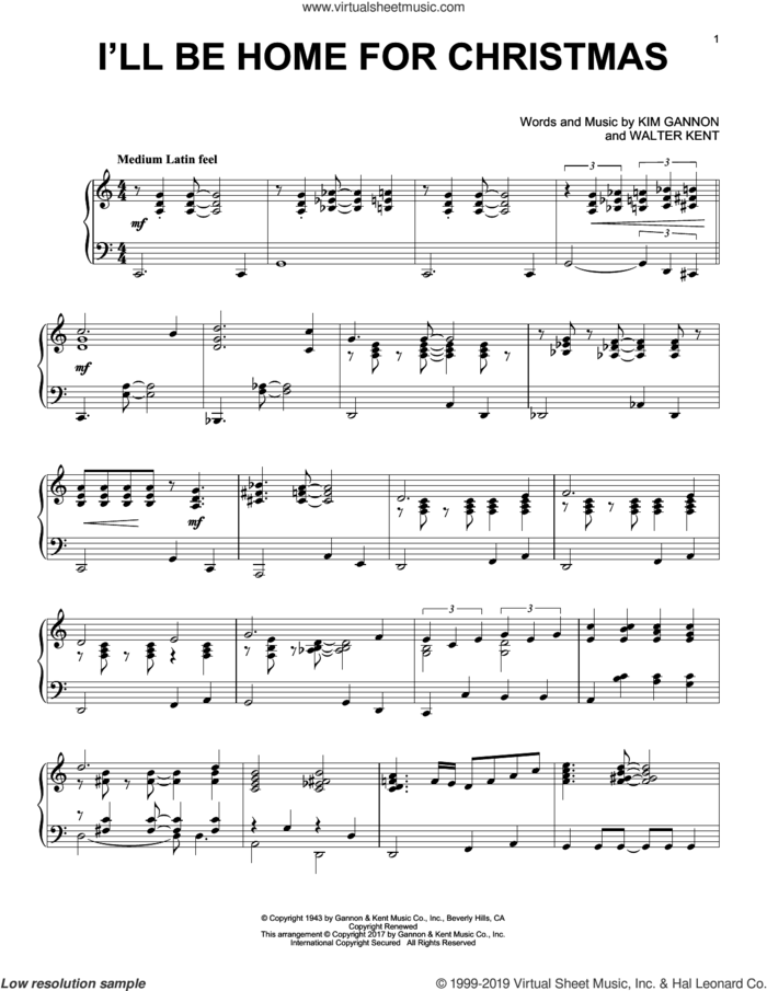 I'll Be Home For Christmas [Jazz version] sheet music for piano solo by Kim Gannon and Walter Kent, intermediate skill level