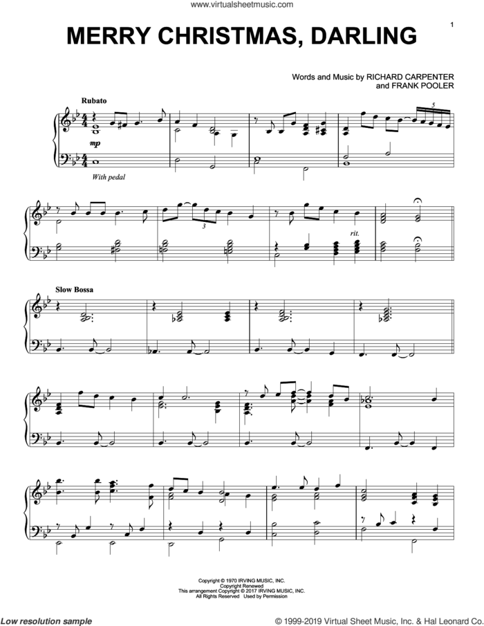 Merry Christmas, Darling [Jazz version] sheet music for piano solo by Richard Carpenter and Frank Pooler, intermediate skill level