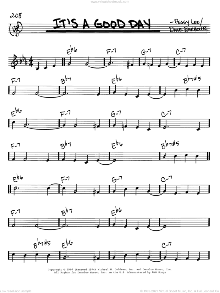 It's A Good Day sheet music for voice and other instruments (in C) by Peggy Lee and Dave Barbour, intermediate skill level