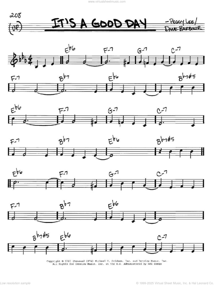 It's A Good Day sheet music for voice and other instruments (in C) by Peggy Lee and Dave Barbour, intermediate skill level