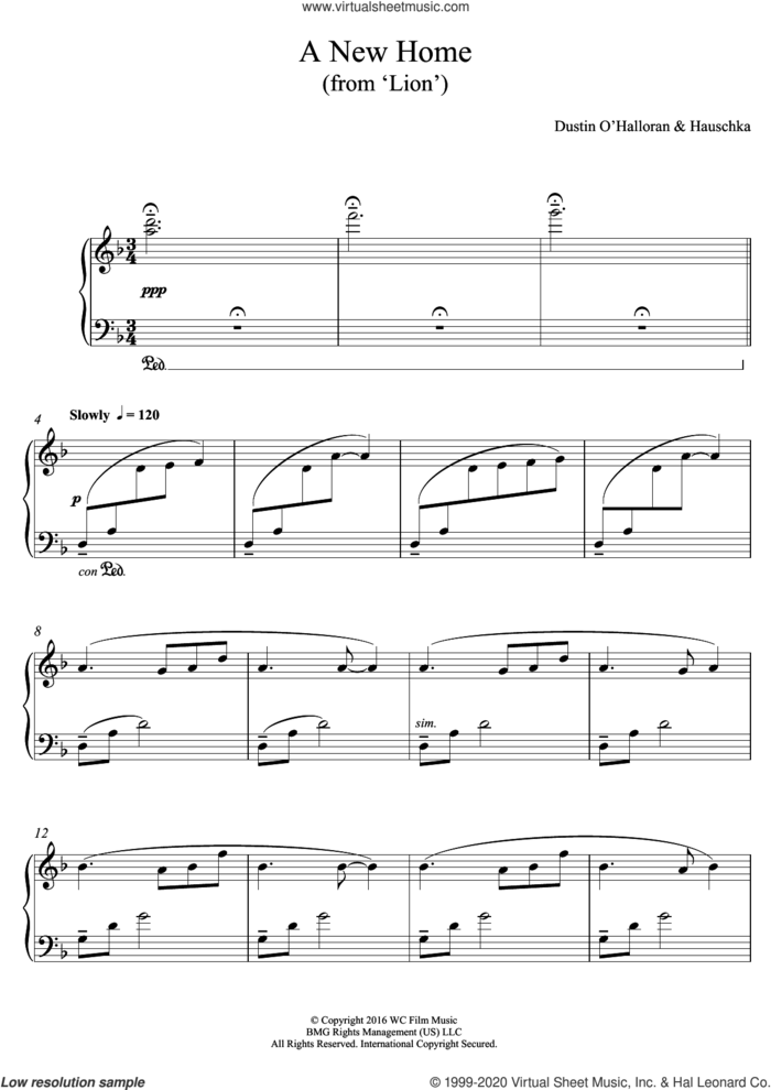 A New Home (from 'Lion') sheet music for piano solo by Dustin O'Halloran and Hauschka, intermediate skill level