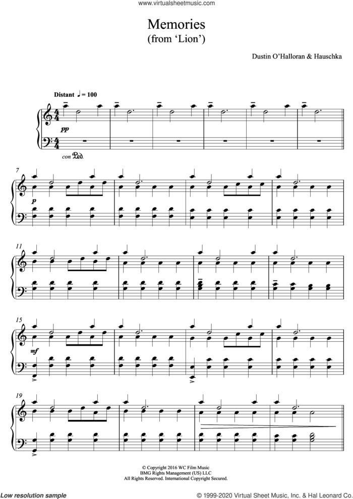 Memories (from 'Lion') sheet music for piano solo by Dustin O'Halloran and Hauschka, intermediate skill level