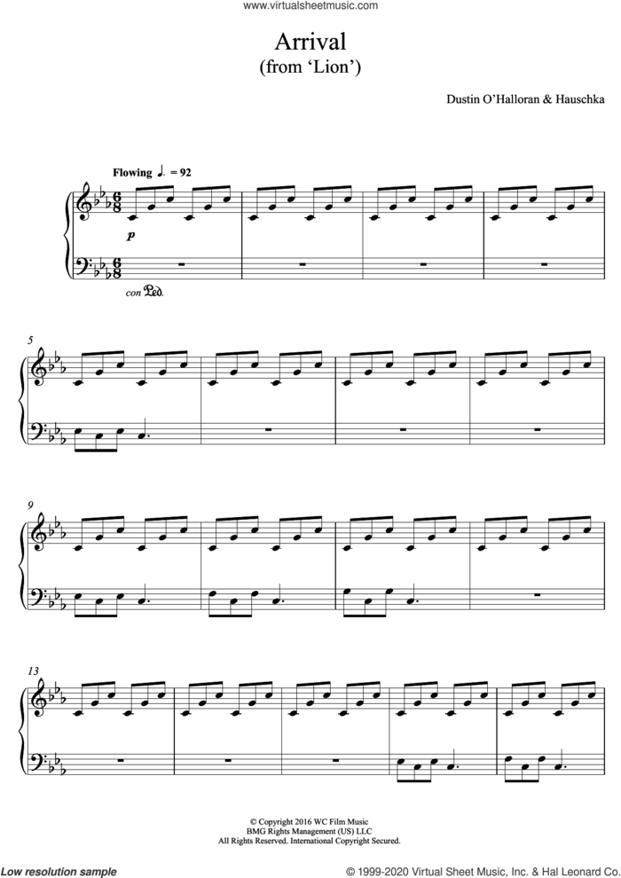 Arrival (from Lion) sheet music for piano solo by Dustin O'Halloran, Hauschka and Volker Bertelmann, intermediate skill level