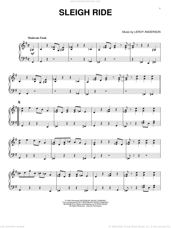 Sleigh Ride [Jazz version] sheet music for piano solo by Mitchell Parish and Leroy Anderson, intermediate skill level