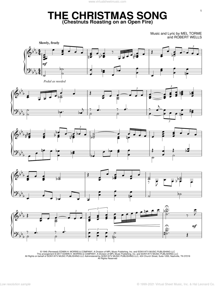 The Christmas Song (Chestnuts Roasting On An Open Fire) [Jazz version] sheet music for piano solo by Mel Torme and Mel Torme, intermediate skill level