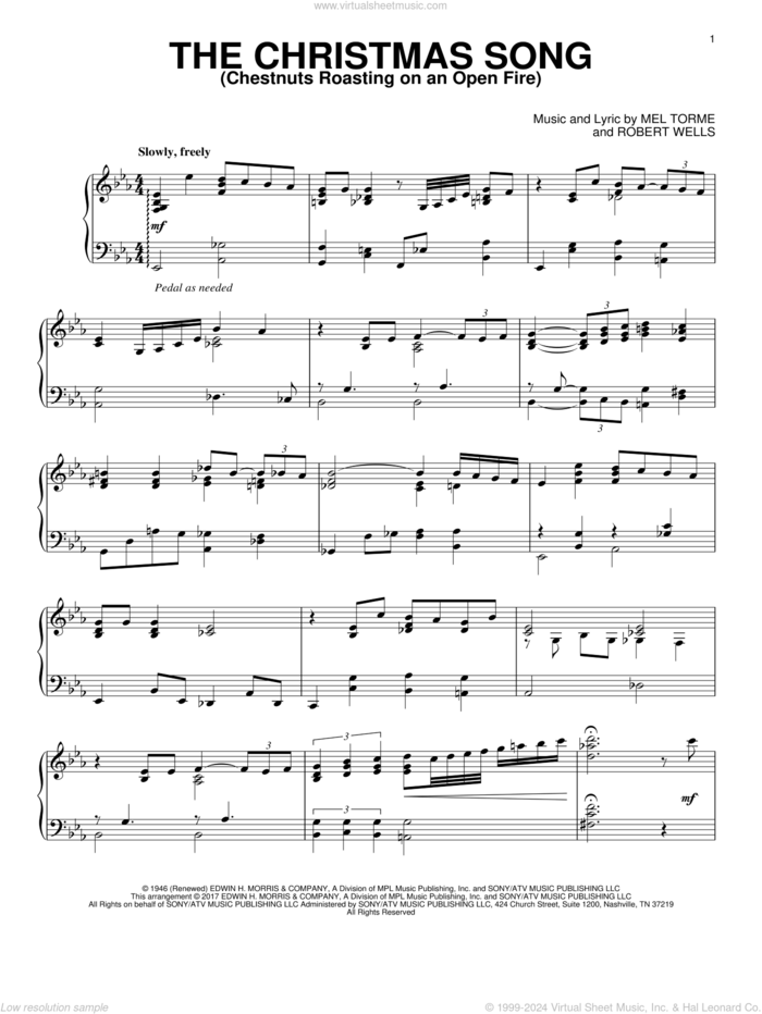 The Christmas Song (Chestnuts Roasting On An Open Fire) [Jazz version] sheet music for piano solo by Mel Torme and Mel Torme, intermediate skill level