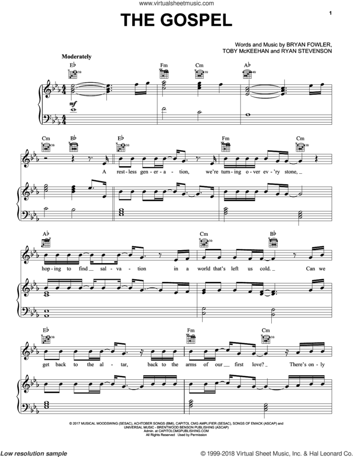 The Gospel sheet music for voice, piano or guitar by Ryan Stevenson, Bryan Fowler and Toby McKeehan, intermediate skill level