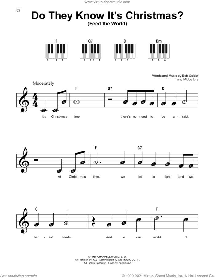 Do They Know It's Christmas? (Feed The World) sheet music for piano solo by Band Aid, Bob Geldof and Midge Ure, beginner skill level
