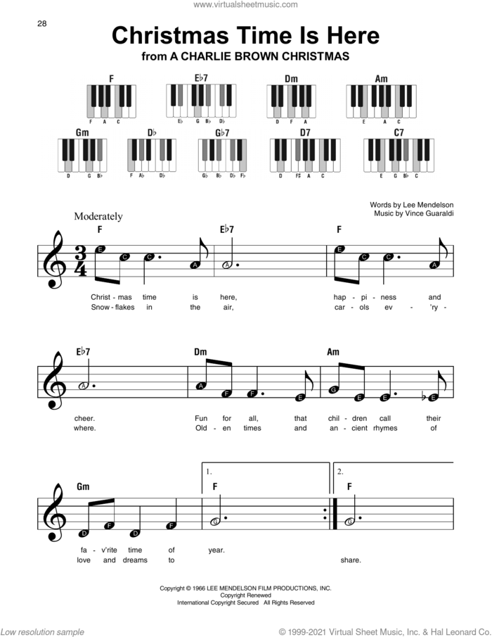 Christmas Time Is Here, (beginner) sheet music for piano solo by Lee Mendelson and Vince Guaraldi, beginner skill level
