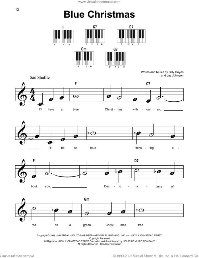 Blue Christmas sheet music for piano solo by Billy Hayes, beginner skill level