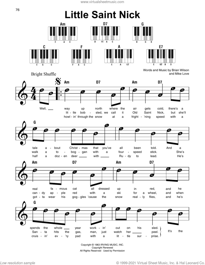 Little Saint Nick sheet music for piano solo by The Beach Boys, Brian Wilson and Mike Love, beginner skill level