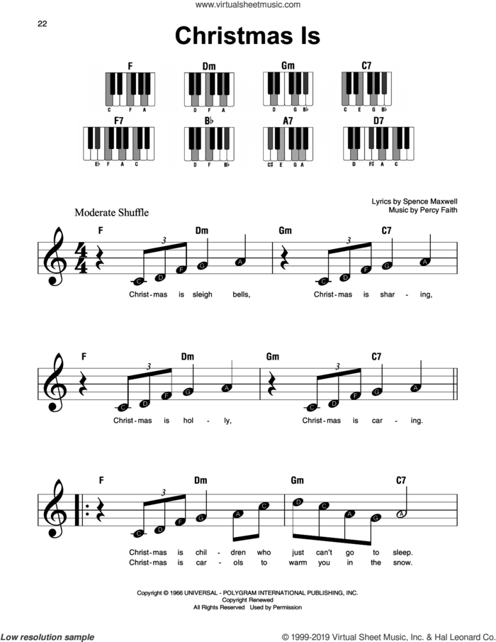 Christmas Is sheet music for piano solo by Percy Faith and Spence Maxwell, beginner skill level