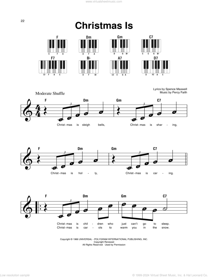 Christmas Is sheet music for piano solo by Percy Faith and Spence Maxwell, beginner skill level