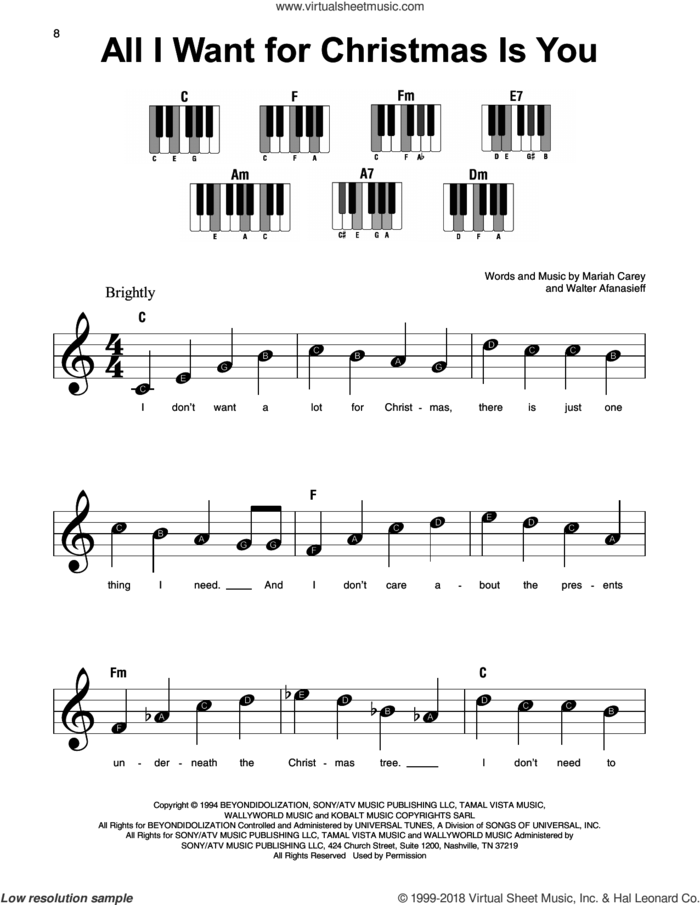 All I Want For Christmas Is You sheet music for piano solo by Mariah Carey and Walter Afanasieff, beginner skill level