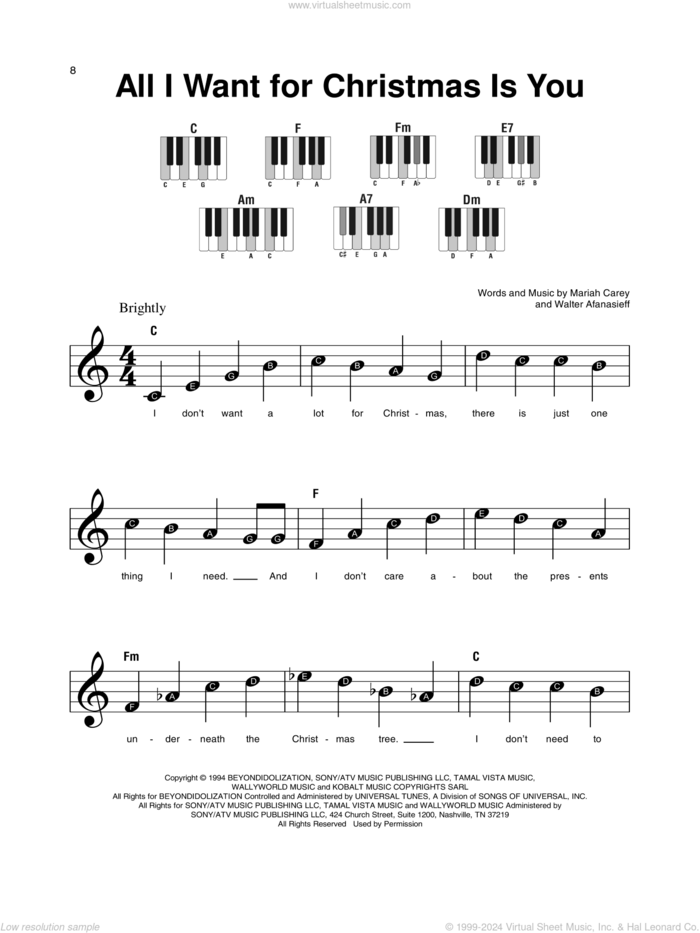 All I Want For Christmas Is You sheet music for piano solo by Mariah Carey and Walter Afanasieff, beginner skill level