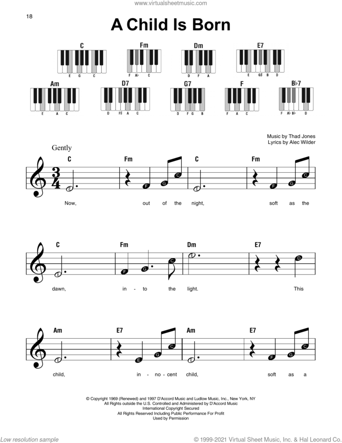 A Child Is Born sheet music for piano solo by Thad Jones and Alec Wilder, beginner skill level