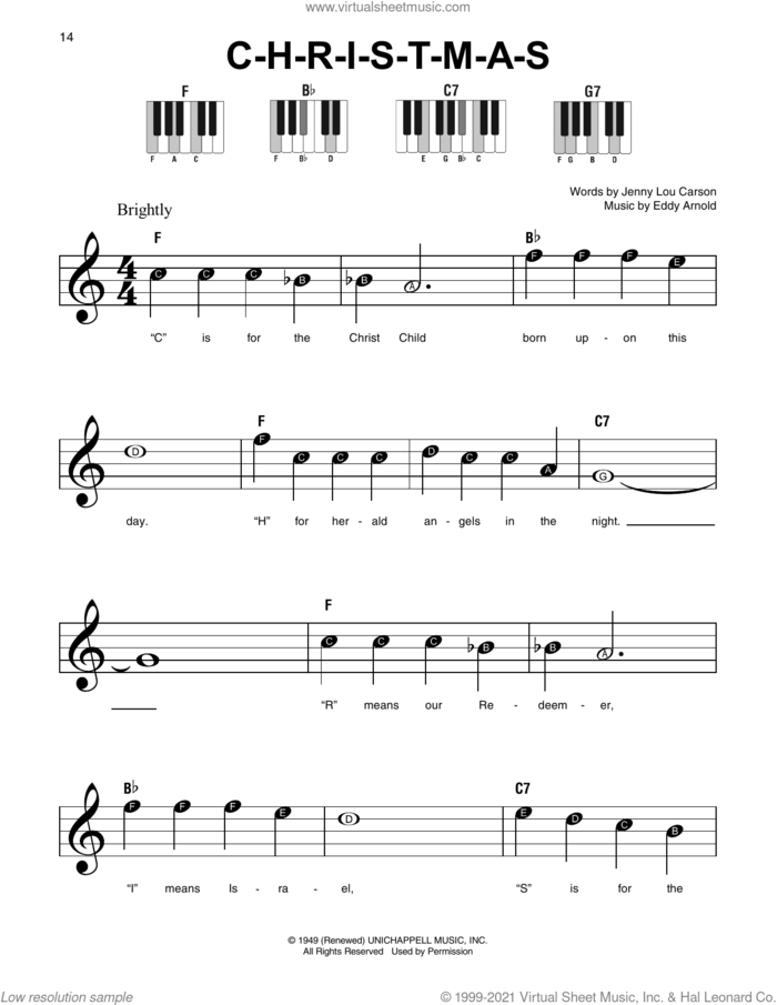 C-H-R-I-S-T-M-A-S, (beginner) sheet music for piano solo by Eddy Arnold, beginner skill level
