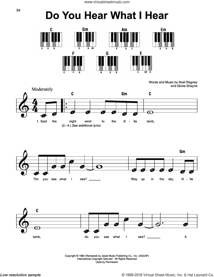 Do You Hear What I Hear sheet music for piano solo by Gloria Shayne and Noel Regney, beginner skill level