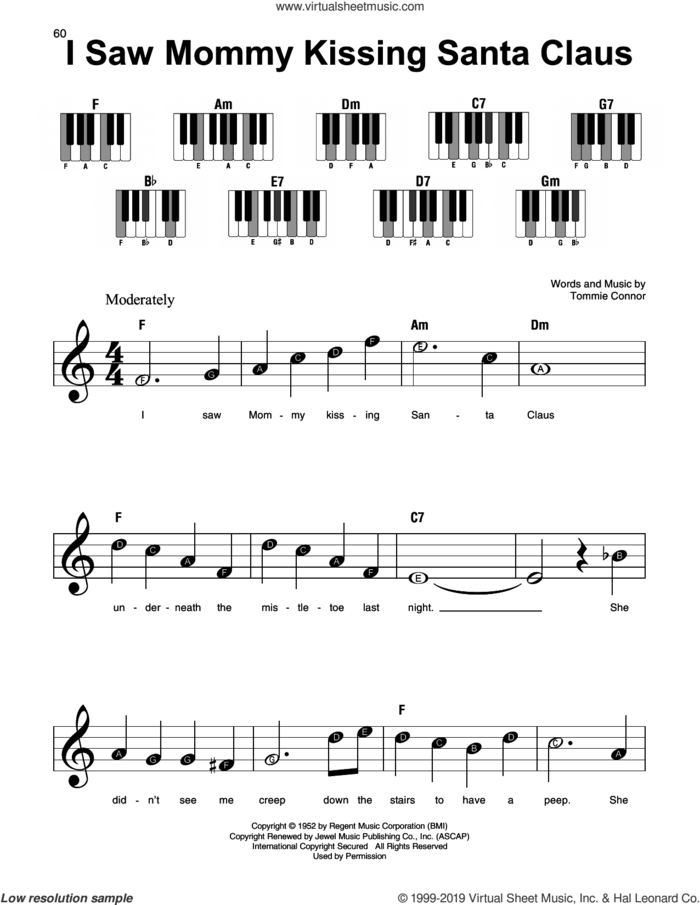 I Saw Mommy Kissing Santa Claus sheet music for piano solo by Tommie Connor, beginner skill level