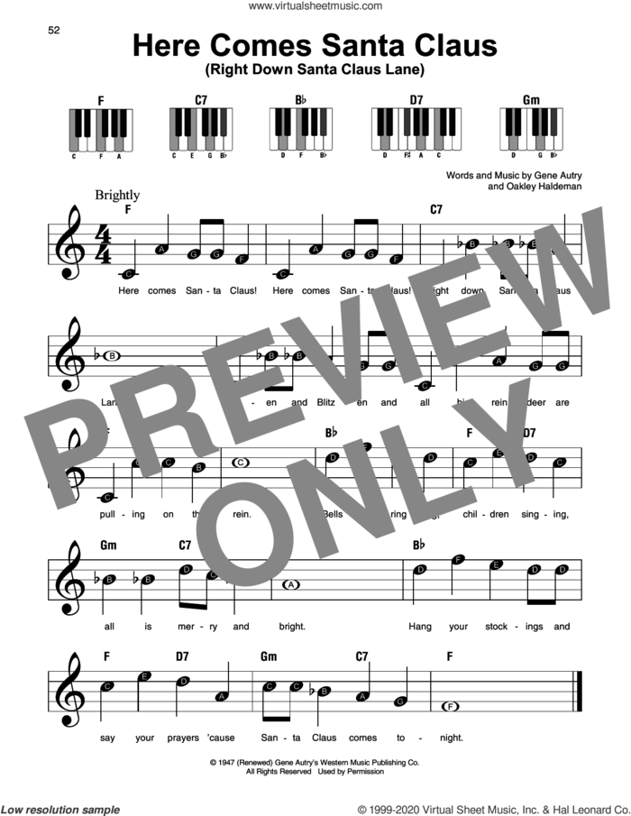 Here Comes Santa Claus (Right Down Santa Claus Lane) sheet music for piano solo by Gene Autry and Oakley Haldeman, beginner skill level