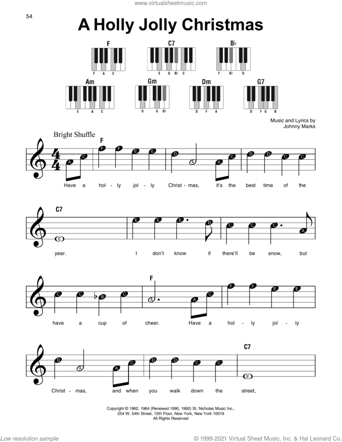 A Holly Jolly Christmas sheet music for piano solo by Johnny Marks, beginner skill level